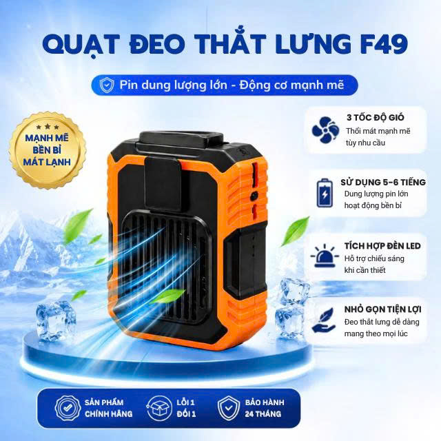Quạt đeo thắt lưng F49 màu cam đen và các tính năng